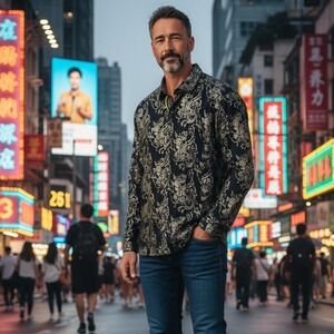 Eight X Premium Mens Slim Fit Floral Filigree Button Down Shirt Black Gold XL